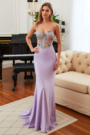 Lilac Floral Mermaid Spaghetti Straps Prom Dress